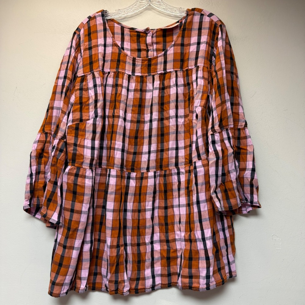 EVRI Tunic Top Womens 2X Orange Pink Plaid Excellent Tiered Babydoll Bell Sleeve